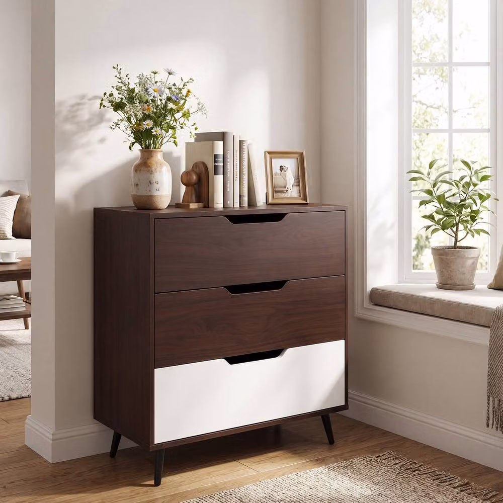Gymax Modern 3-Drawer Wooden Dresser and Nightstand with Metal Legs in Brown – 3