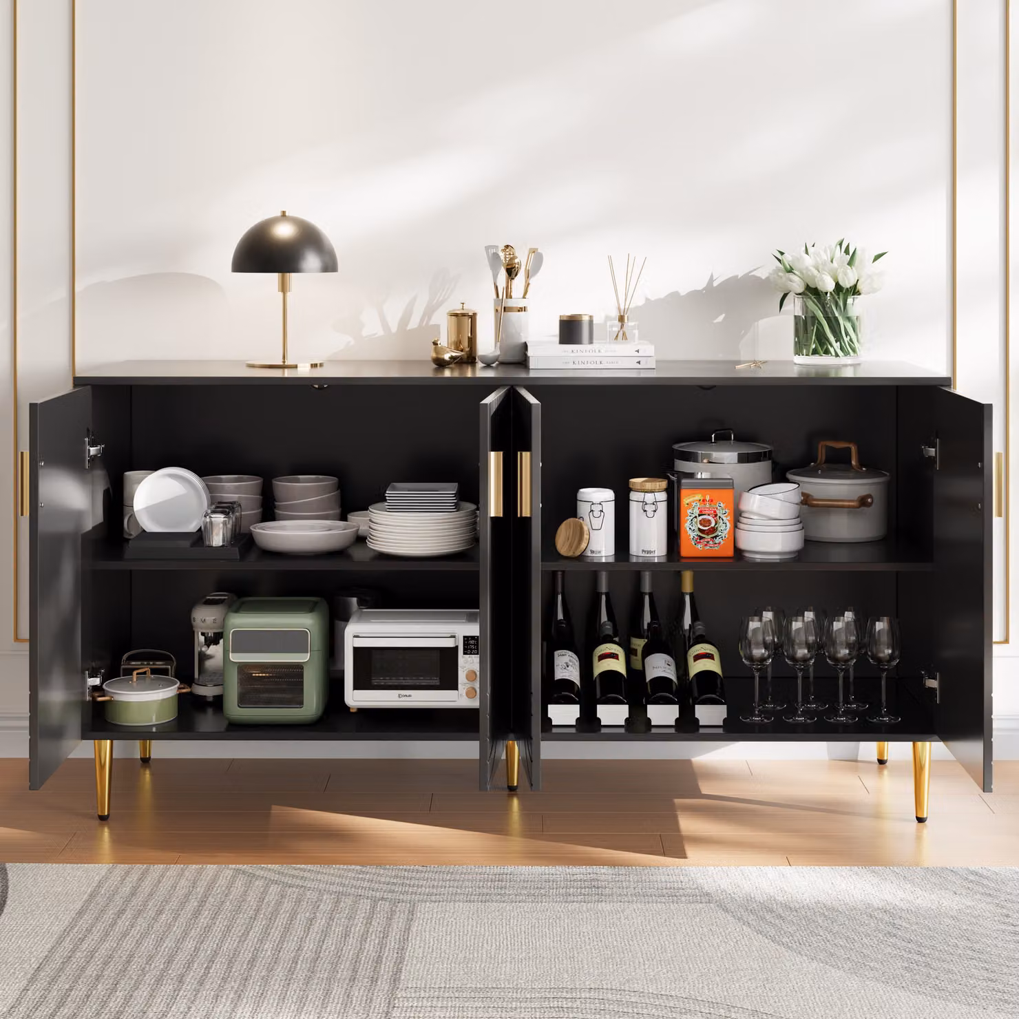 Aosom UK Modern Black Sideboard with Gold Handles and Feet, W/D/H: 152 x 40 x 75 cm – 7