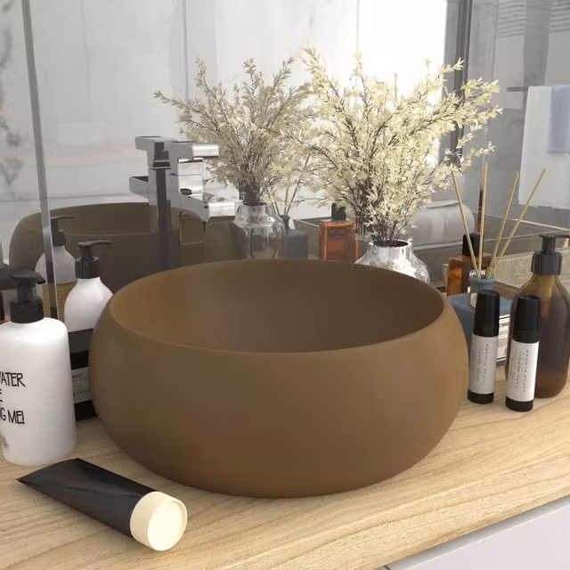 Berkfield Home Luxury Round Ceramic Wash Basin in Matt Cream, W: 40 cm, D: 15 cm, H: 15 cm – 1