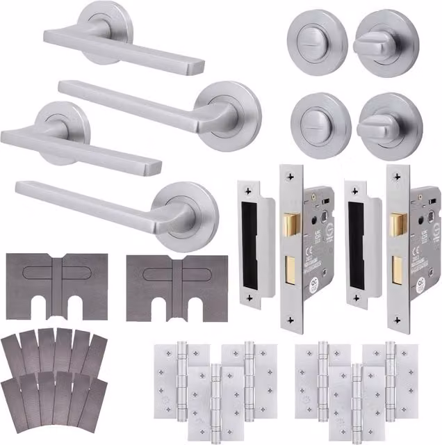 AFIT Satin Chrome Fire Door Handle and Rosette Set with Latch Lock, 2 Pack, Silver – 1