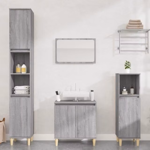 Berkfield Home 3 Piece Modern Grey Bathroom Furniture Set with Tall Cabinet and Hinged Doors – 1