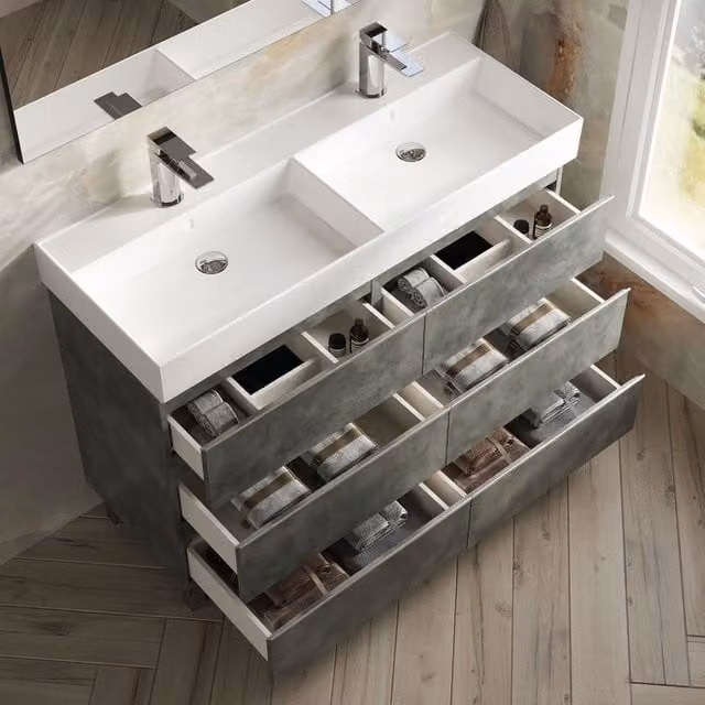 Banyetti Vatilla 1200mm Floorstanding Vanity with Veneto 2 TH Basins in Cemento Grey, W: 120 cm, D: 45 cm, H: 84 cm