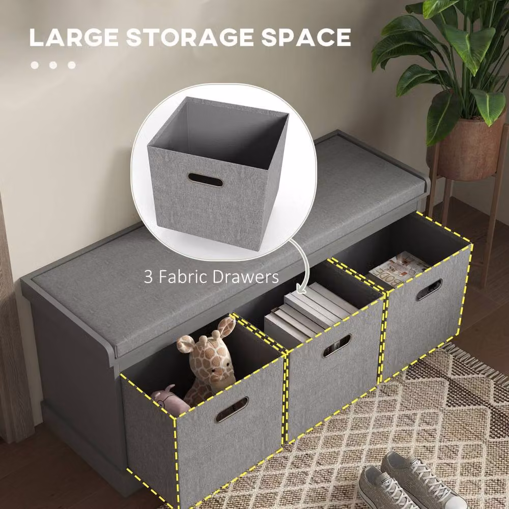 Wyld Haus Marari Grey 3 Drawer Shoe Storage Bench with Padded Fabric Seat – 3