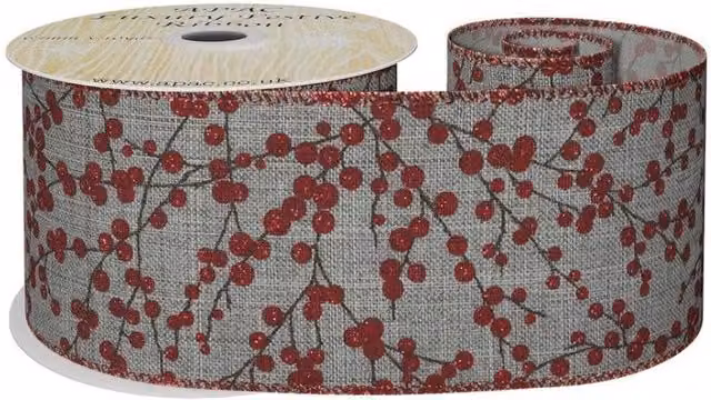 KDMD Red Glitter Berries on Grey Ribbon, Width: 6.3 cm, Length: 9.14 m