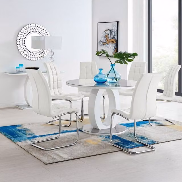 FurnitureboxUK Giovani Round Grey Dining Table and 6 White Murano Chairs Set, Diameter: 120 cm