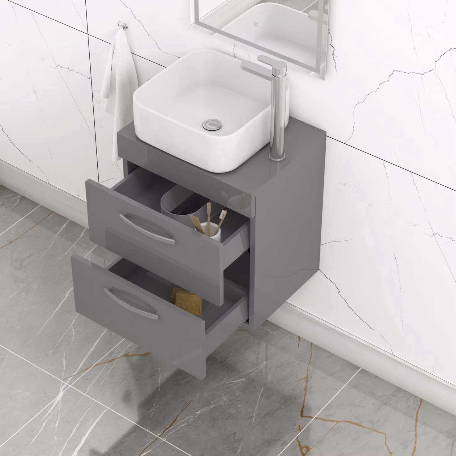Royal Bathrooms 500mm Wall Hung Indigo Grey Gloss 2 Drawer Vanity Unit with Elena Countertop Basin