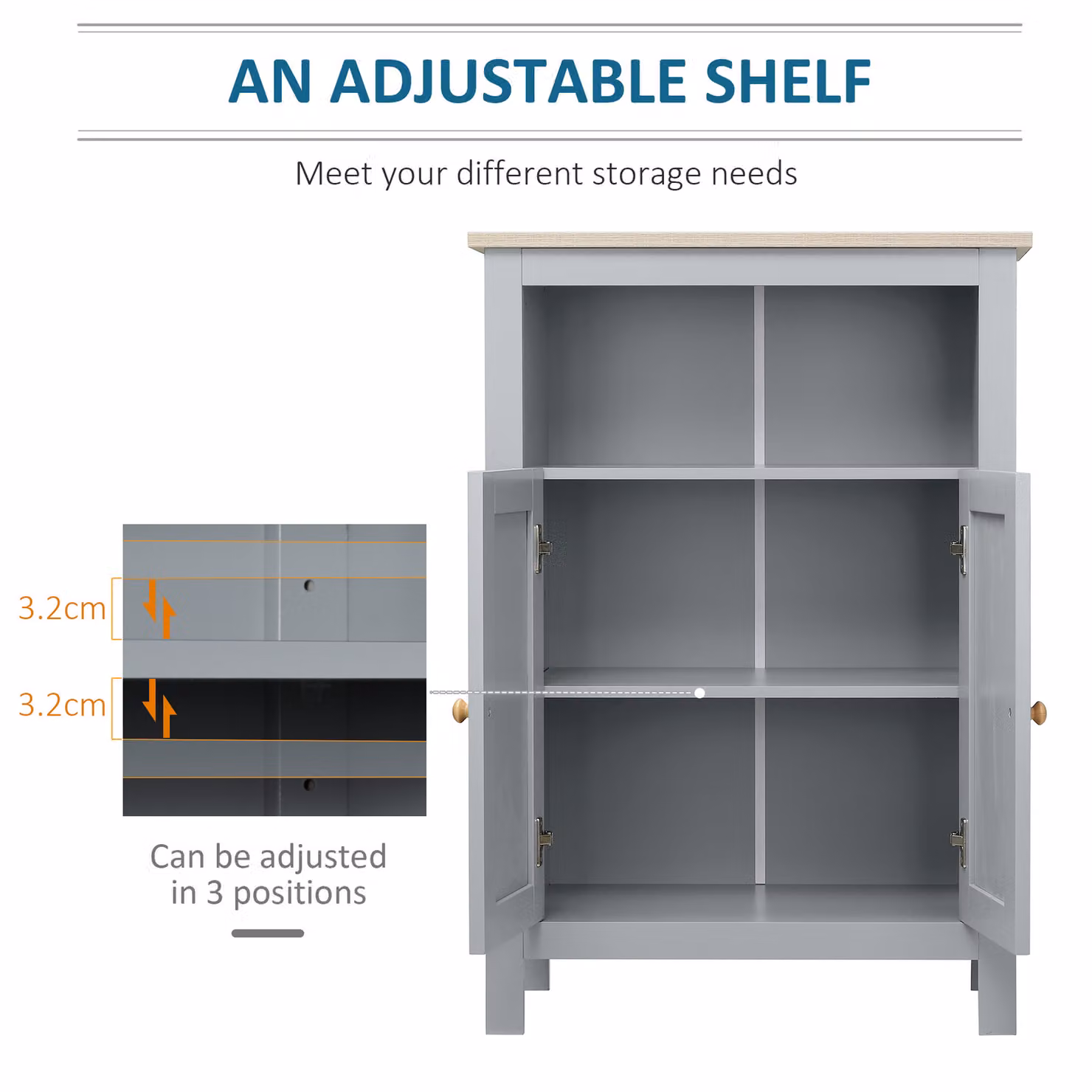 kleankin Grey Vintage Bathroom Floor Storage Cabinet with Double Hinged Doors and Adjustable Internal Shelf – 5
