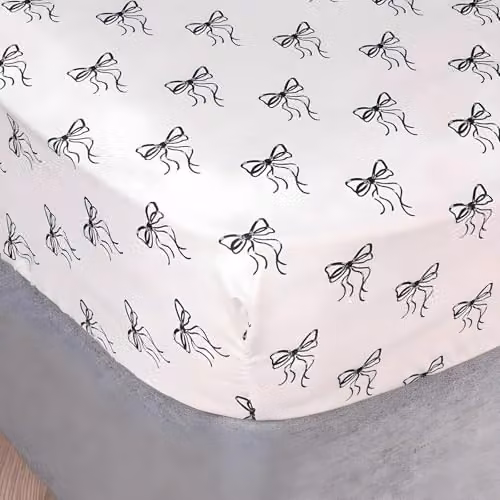 OHS Bow Print Microfibre King Size Fitted Bed Sheet, Monochrome White and Black, W: 150 cm, L: 200 cm, Depth: 25 cm – 1