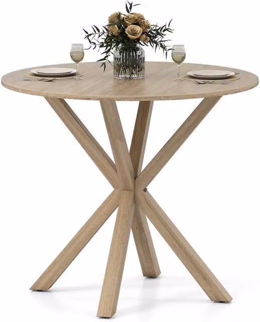 Gymax Round Rubberwood Dining Table in Light Brown with Intersecting Base for 2-4 People