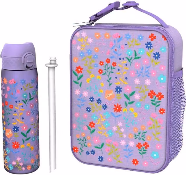 ION8 Insulated Medium Lunch Bag with Recyclon Bottle and Straw in Ditsy Floral Purple Multicolour