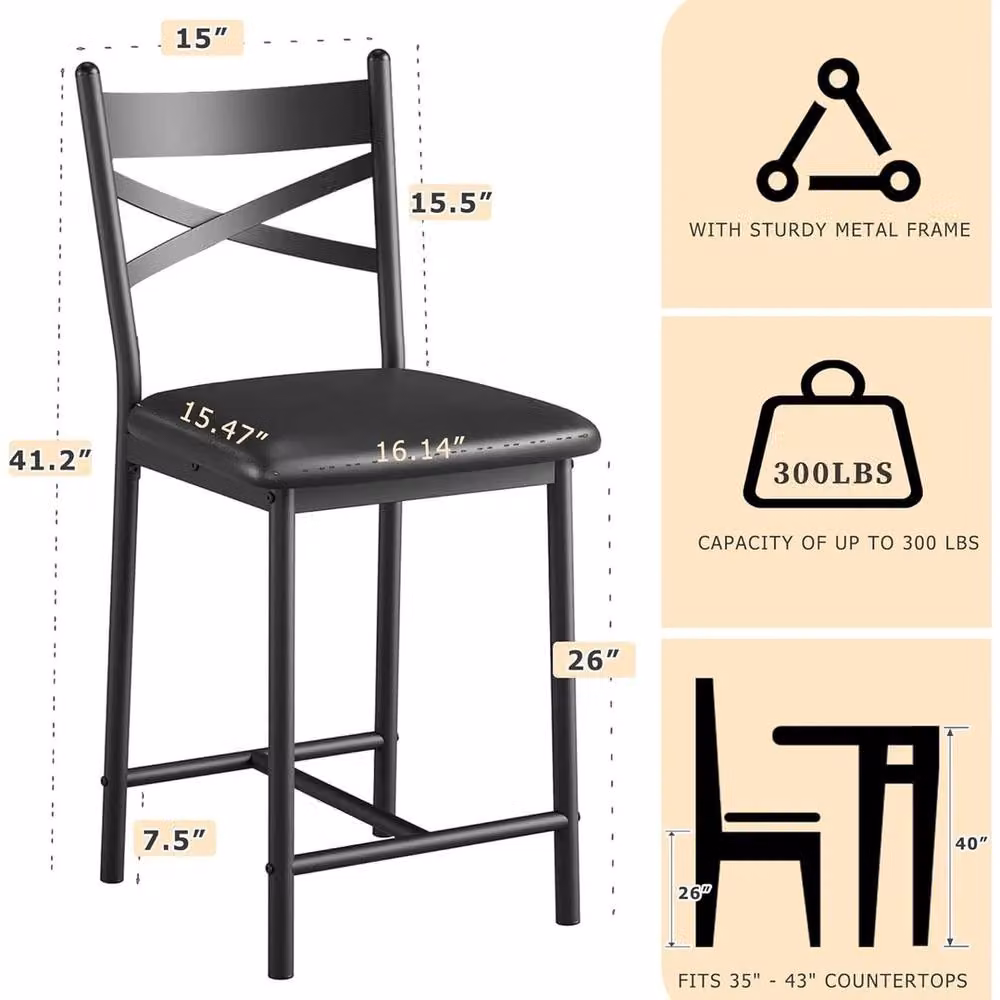 VOGREX Set of 2 Black Synthetic Leather and Metal Counter Height Bar Stools – 2
