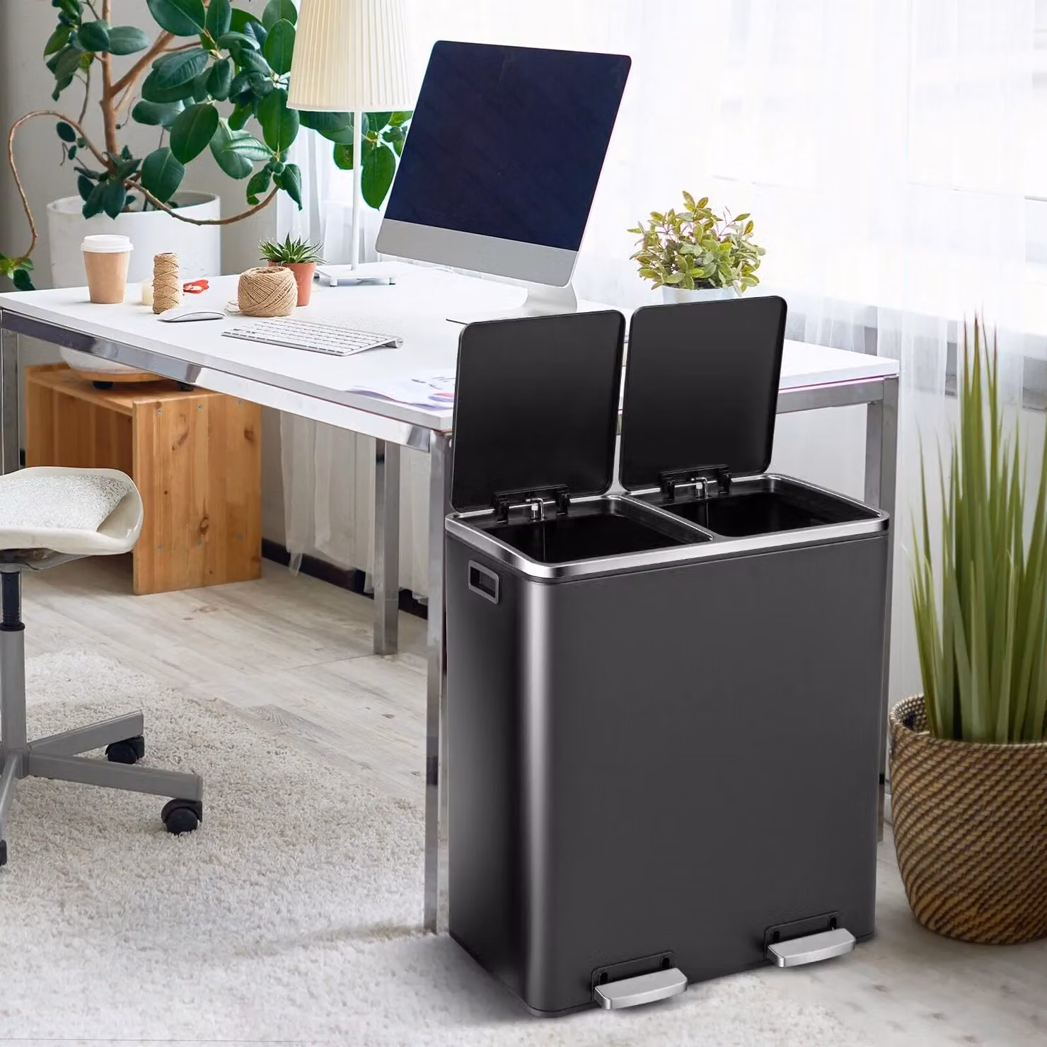 Costway Double Kitchen Recycling Pedal Bin with Removable Plastic Inner Buckets, Black and Silver, 2 x 30L – 5