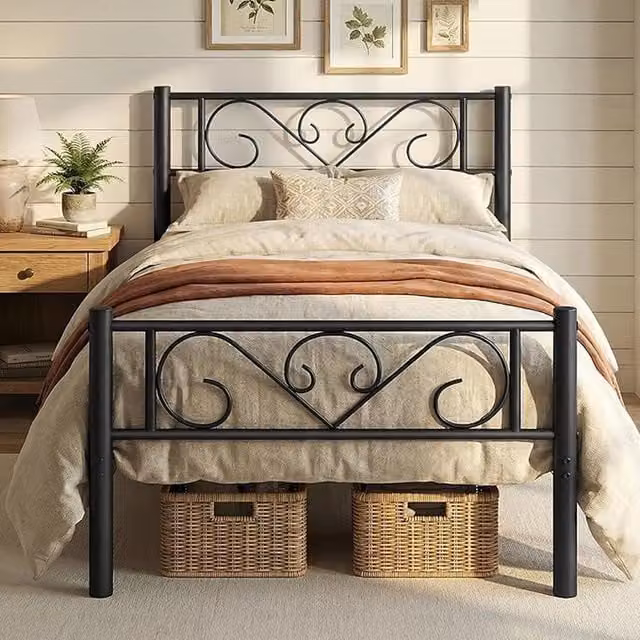 VASAGLE Modern Metal Single Bed Frame with Headboard, Black