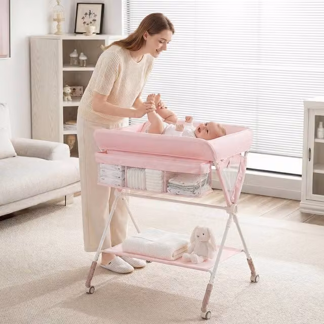 CASART Foldable Baby Diaper Changing Table with Storage Basket in Pink