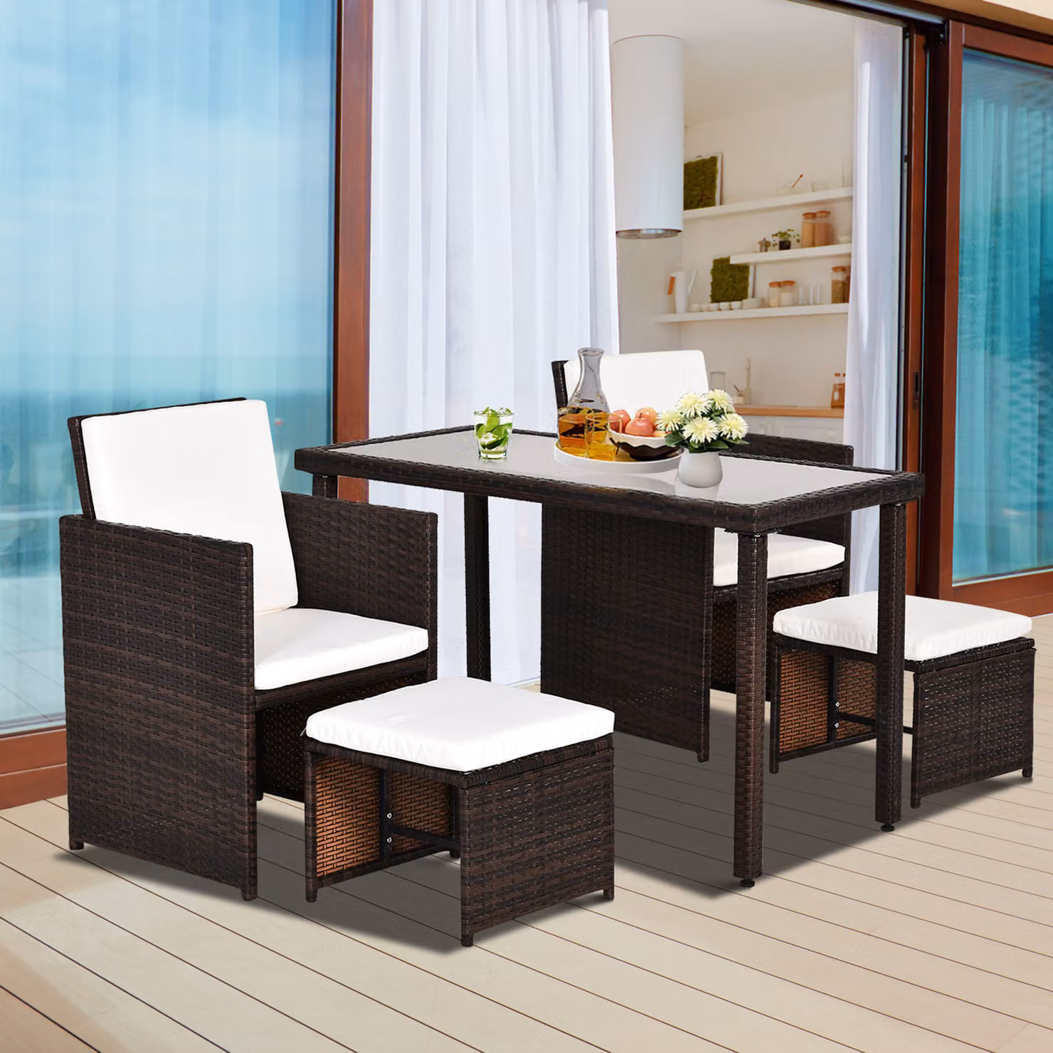 Outsunny 4-Seater Rattan Garden Furniture Set with Dining Table and Cushions in Brown – 2