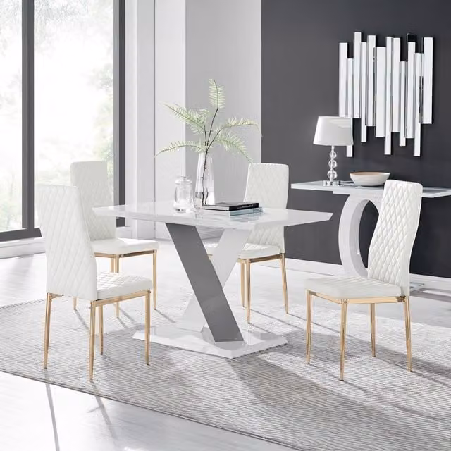 Furniturebox Monza White High Gloss Rectangular Dining Table with 4 Milan Gold Leg Chairs in Grey