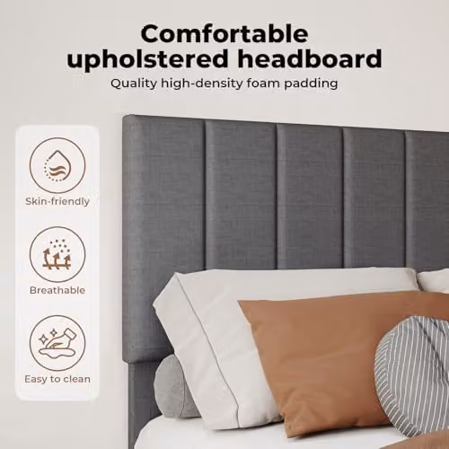 Levede Upholstered Fabric Bed Frame in Grey, W/D/H: 180 x 150 x 200 cm – 8