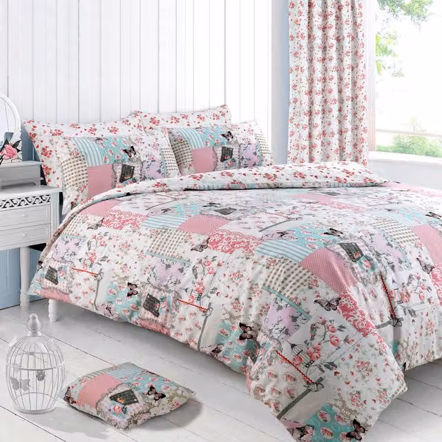 Velosso Reversible Single Polycotton Duvet Cover and Pillowcase Set in Pink, Blue, Grey and White Floral Vintage Nature Design