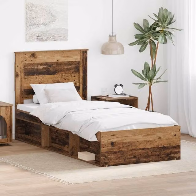 Berkfield Home Modern Bed Frame with Headboard in Brown Old Wood, W/D/H: 90 x 190 cm