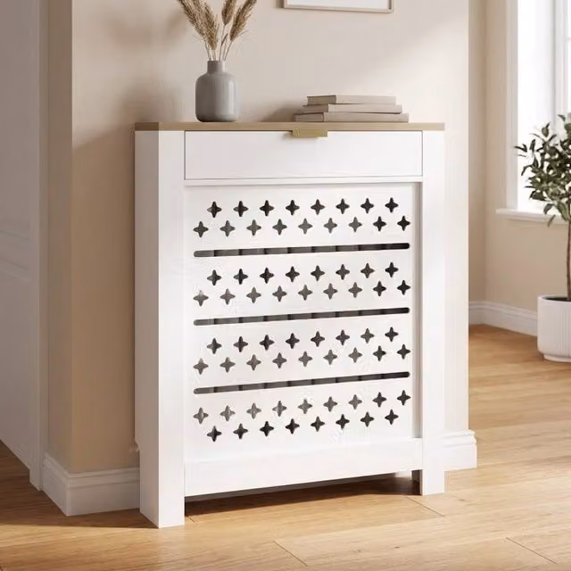 STILVORA White Matt Radiator Cover with 2 Flip-Down Drawers – 1