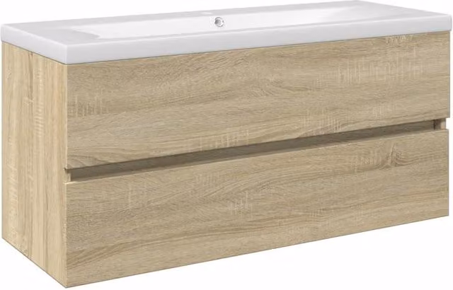 Berkfield Home 2 Piece Modern Wall Mounted Bathroom Furniture Set in Brown with Ceramic and Engineered Wood