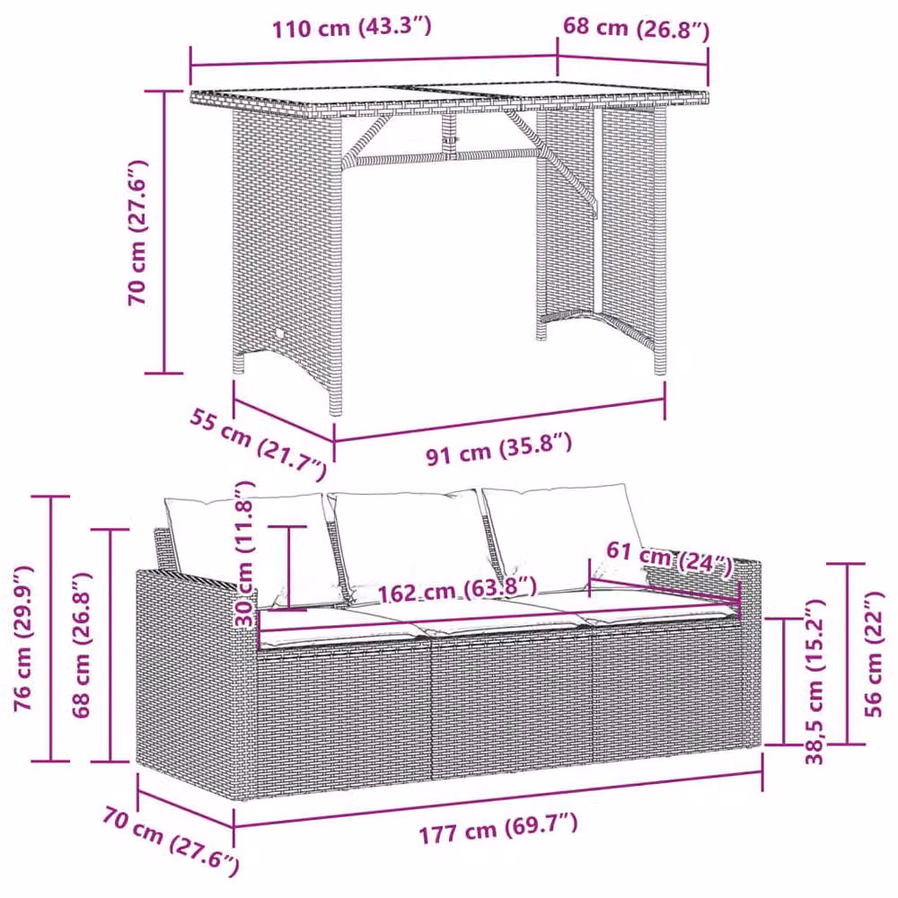 Berkfield Home 2 Piece Black Poly Rattan Garden Dining Set with Cushions and Glass Top – 5