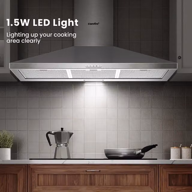Livingandhome Silver Wall Mounted Chimney Cooker Hood with Lighting, Exhaust and Recirculation Options, Energy Class A+