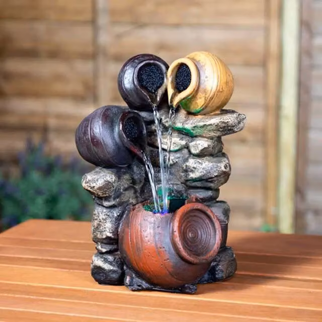 Primrose Grey Tabletop Triple Trickle Honey Pots Water Feature with LED Lights, Height: 27 cm – 5