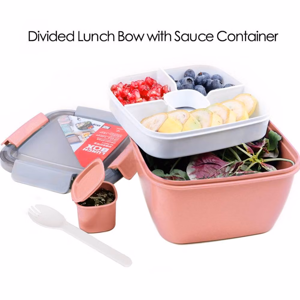 Greentainer Pink Salad Container Lunch Box with 3 Compartments and Spoon, 52 oz – 2