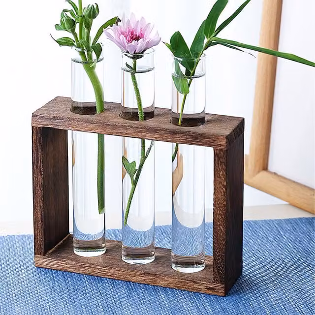 Lifeideas 3-Piece Modern Glass Vases with Wooden Base in Transparent and Brown
