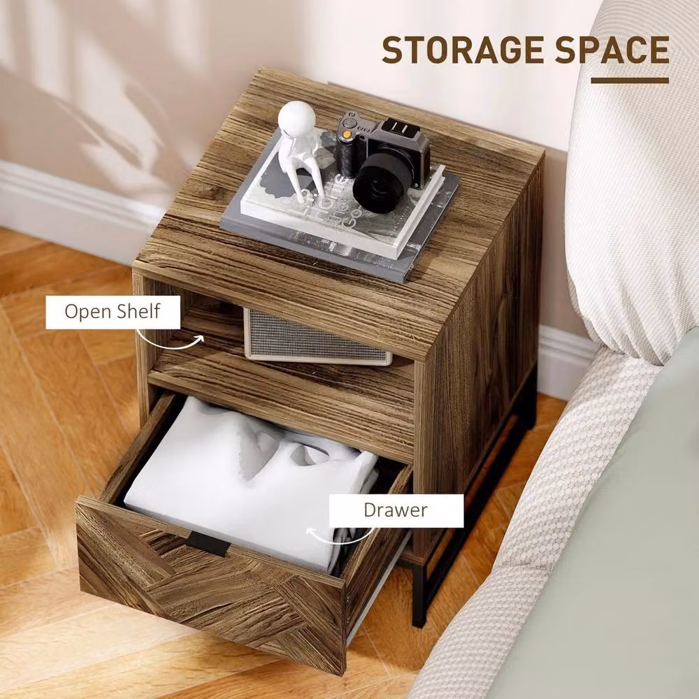 HOMCOM Industrial Nightstand with Drawer and Shelf in Black and Brown Wood and Metal – 3