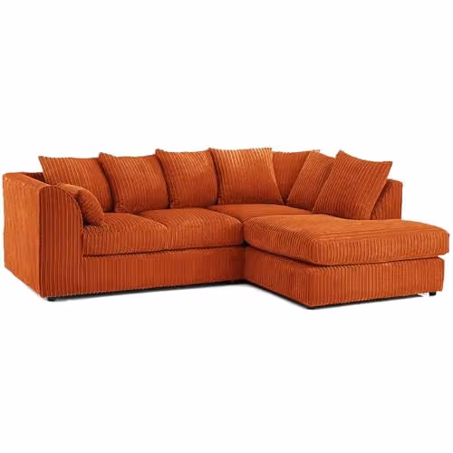 SofaSelection Jumbo Cord Right Hand Corner L-Shape 4 Seater Sofa in Orange with Scatter Cushions