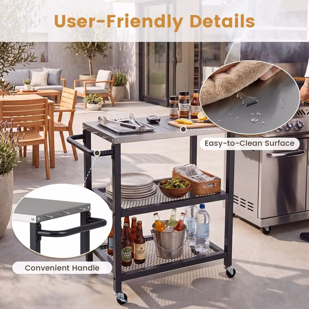 Costway 3-Tier Rolling Metal Kitchen and Garden Utility Cart with 6 Hanging Posts in Black – 7