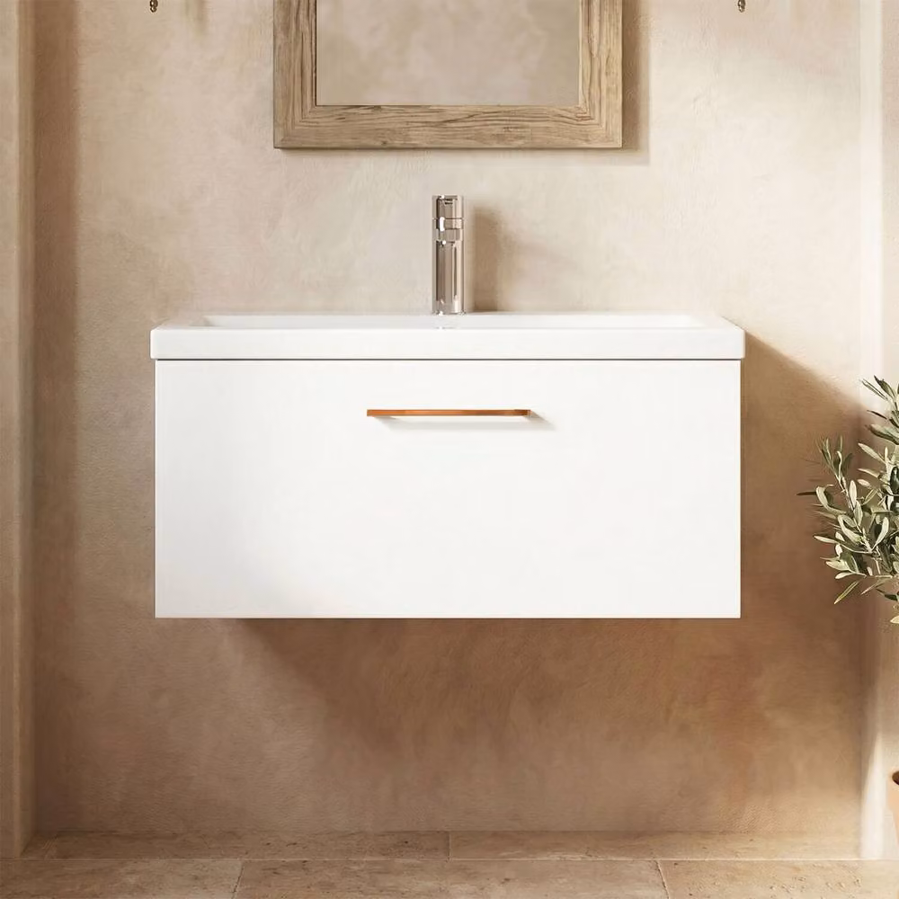 Balterley Gloss White Wall Hung 1 Drawer Vanity Basin Unit with Copper Handle, Width: 80 cm – 5