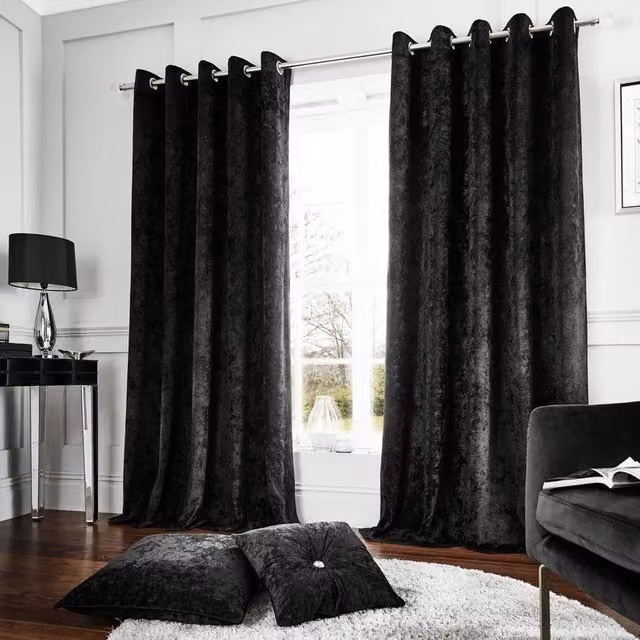 Catherine Lansfield Black Crushed Velvet Eyelet Curtains