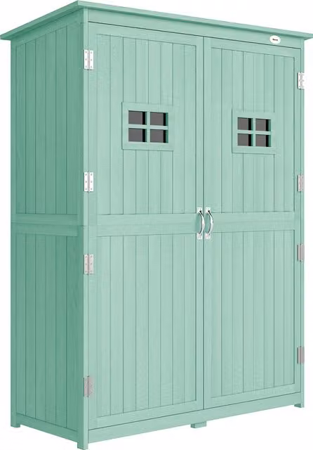 Outsunny Wooden Garden Shed with Double Doors, Two Windows and Internal Shelving, Green, W/D/H: 127.5 x 50 x 164 cm
