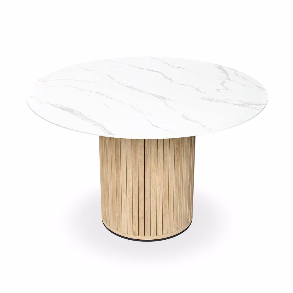 More4Homes Arlo White Marble Top Round Dining Table with Oak Legs and 4 Myla Grey Linen Dining Chairs Set, W: 120 cm, H: 75 cm – 2