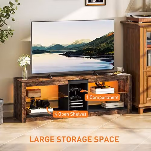 HOMCOM TV Stand Cabinet with LED Lights for TVs up to 65 inches, Rustic Brown, W/D/H: 140 x 35 x 47 cm – 4