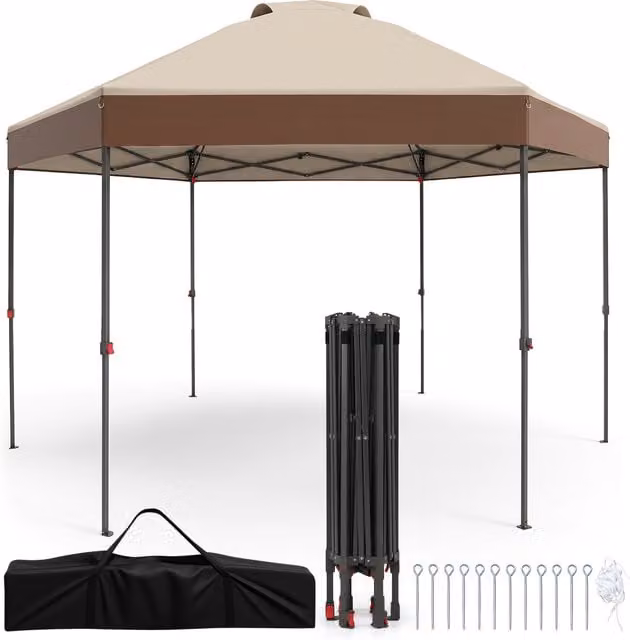 COSTWAY Height Adjustable Pop up Canopy Tent in Brown and Silver with Polyester Material