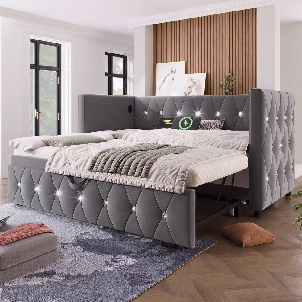 ModernLuxe Grey Velvet Upholstered Single Daybed with Pull Out Trundle Bed, W/D/H: 90 x 190 x 76 cm – 7
