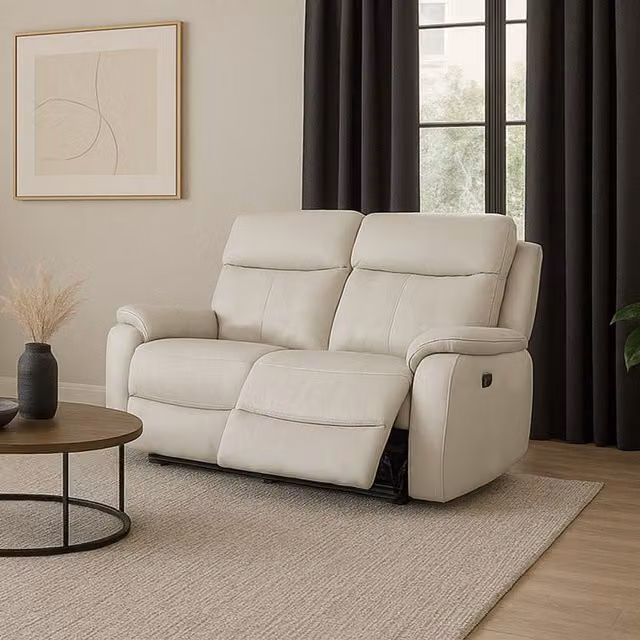 Aspire Kingsmere 2 Seater Power Recliner Sofa in Real Leather, Light Grey, W/D/H: 143 x 77 x 66 cm