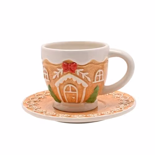 Widdop and Co Santa and Friends Gingerbread House Ceramic Teacup and Saucer Set in Red and Multicolour