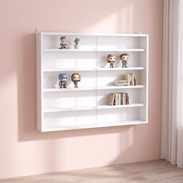 STILVORA Wall Mounted Modern White Matt Display Cabinet with Glass Sliding Doors and Internal Shelves