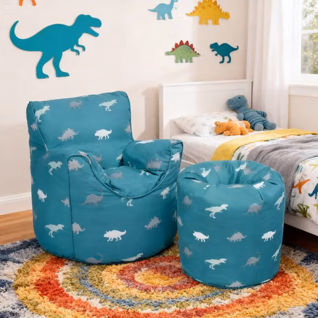 Ready Steady Bed Rex Printed Kids Bean Bag Chair in Turquoise with Animal Print