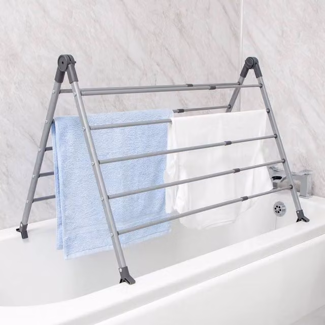 FORGEVIO Extendable Over Bath Clothes Airer, Grey Metal Foldable Design