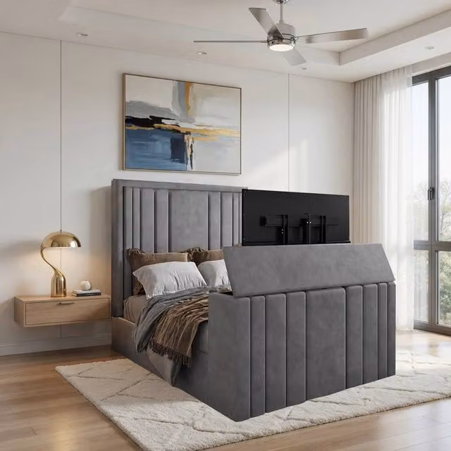 KDMD Yedingham Upholstered Soft Velvet Bed Frame in Grey, Small Double, W/D/H: 120 x 200 cm – 1