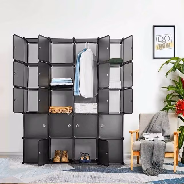 SPETLEK Black Plastic Cupboard Organiser and Freestanding Clothes Closet Storage with Hanging Rod