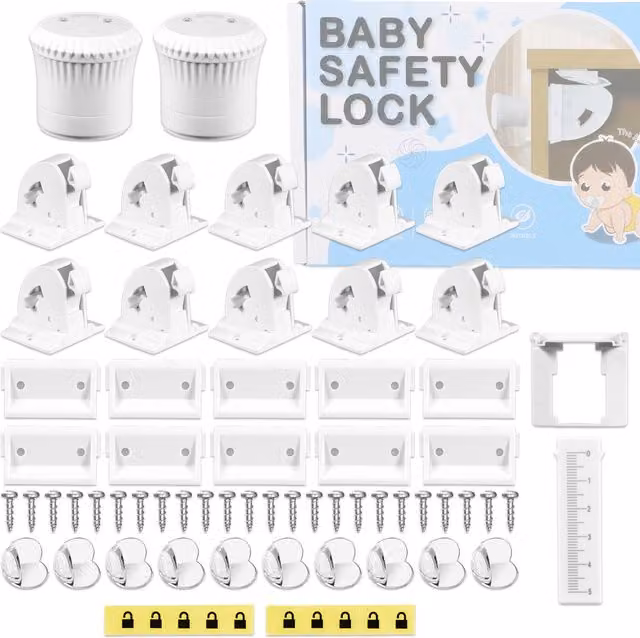 SPARES2GO Magnetic Child Safety Lock Kit for Cupboards, Drawers and Cabinets, No-Drill Baby Proofing Set in White and Transparent Plastic