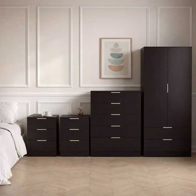 Vida Designs Trega 4 Piece Modern Black Bedroom Set including Bed Frame, Wardrobe, Chest of Drawers and Nightstand