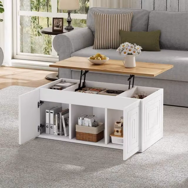 ModernLuxe Height Adjustable Rectangular Coffee Table with Storage and 2 Cabinet Doors in White